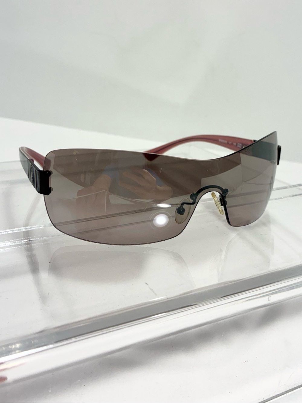 Y2K VTG Missoni Rimless Shield Sunglasses Engraved Logo Black Pink Arm Gray Lens